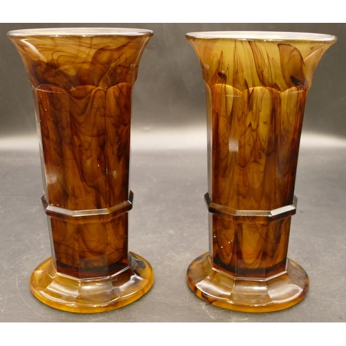 88 - A pair of Art Deco amber cloud glass column vases by Davidson on sweeping bases, 20.5cm high (2)