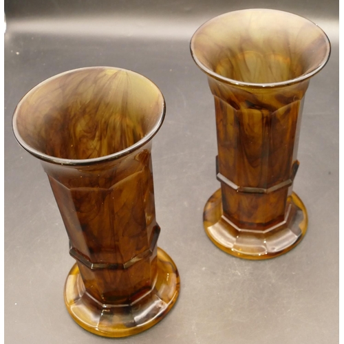 88 - A pair of Art Deco amber cloud glass column vases by Davidson on sweeping bases, 20.5cm high (2)