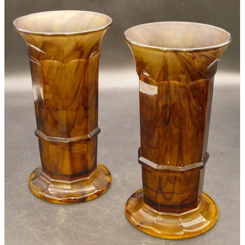 88 - A pair of Art Deco amber cloud glass column vases by Davidson on sweeping bases, 20.5cm high (2)