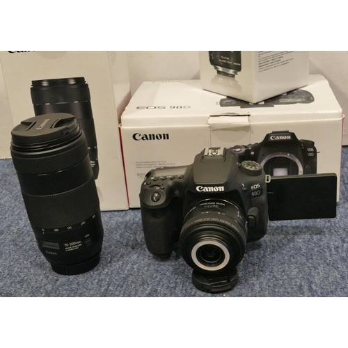 894 - A Canon EOS 90 D camera with 2 lenses and accessories