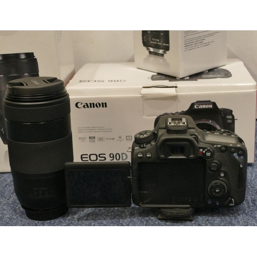 894 - A Canon EOS 90 D camera with 2 lenses and accessories