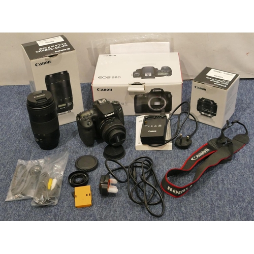 894 - A Canon EOS 90 D camera with 2 lenses and accessories