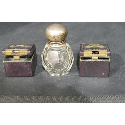 896 - 2 Coombe square red leather inkwells and lights with hinged lids, 4cm high, 4.5cm wide, a cut glass ... 