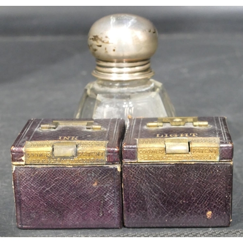 896 - 2 Coombe square red leather inkwells and lights with hinged lids, 4cm high, 4.5cm wide, a cut glass ... 