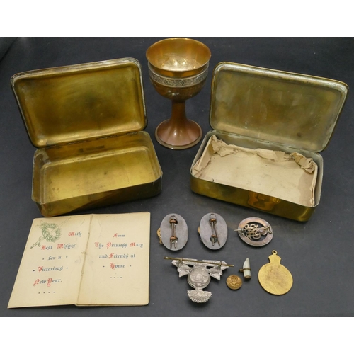 900 - 2 x 1914 military brass Christmas tins, a small quantity of various badges etc and a pewter, brass a... 