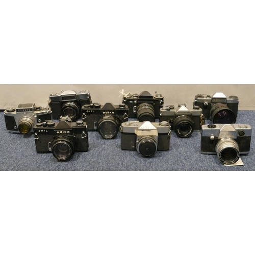 908 - 2 Edixa 2MTL cameras, a similar camera, a Praktica FX camera, 2 Fujica II STX-1 cameras, a Kodak Ins... 