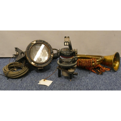 918 - A WW2 RAF Air Military Astro compass MKII, 21cm wide, am Aldis signal lamp and a brass bugle (3)