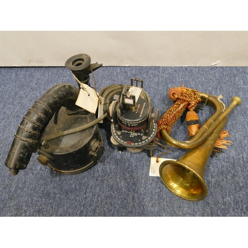 918 - A WW2 RAF Air Military Astro compass MKII, 21cm wide, am Aldis signal lamp and a brass bugle (3)