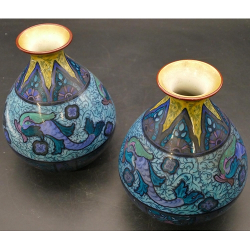 92 - A pair of Burleigh ware round bulbous thin necked trumpet shaped vases on turquoise ground with colo... 