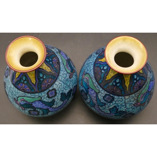 92 - A pair of Burleigh ware round bulbous thin necked trumpet shaped vases on turquoise ground with colo... 