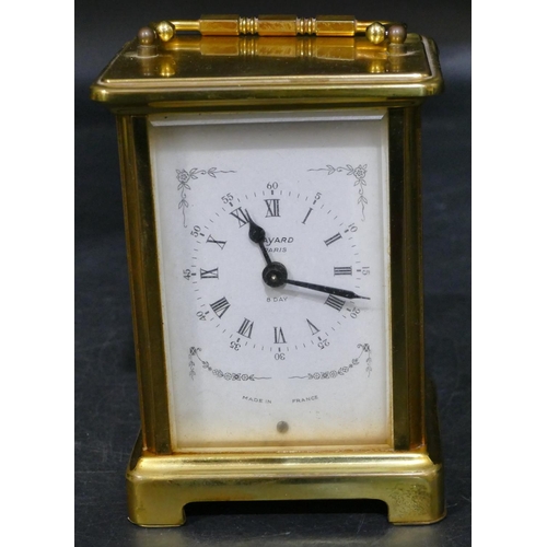 936 - Bayard brass carriage clock with white enamel dial, Roman and Arabic numerals (handle in need of res... 