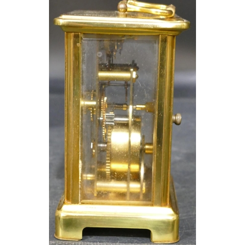 936 - Bayard brass carriage clock with white enamel dial, Roman and Arabic numerals (handle in need of res... 