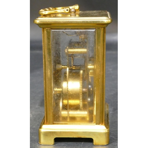 936 - Bayard brass carriage clock with white enamel dial, Roman and Arabic numerals (handle in need of res... 