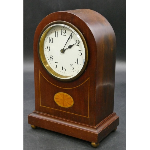 937 - An Edwardian mahogany timepiece with inlaid shell motif and trimming, white enamel dial with Arabic ... 