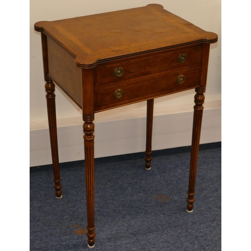 948 - A good quality reproduction walnut side table with banded decoration, 2 drawers, on turned fluted le... 