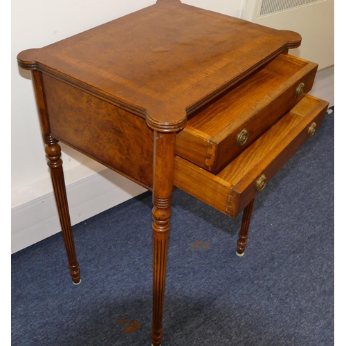 948 - A good quality reproduction walnut side table with banded decoration, 2 drawers, on turned fluted le... 