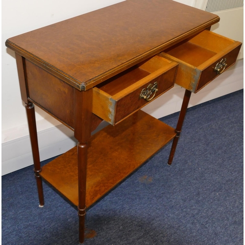 949 - A reproduction maple wood style side table with inlaid stringing, 2 drawers with drop brass handles ... 