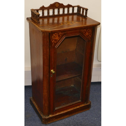 953 - A Victorian walnut music cabinet with allover inlaid vase, swag and stringing decoration, gallery ba... 