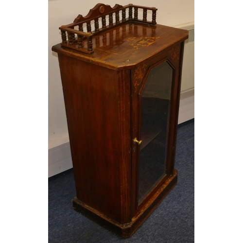 953 - A Victorian walnut music cabinet with allover inlaid vase, swag and stringing decoration, gallery ba... 