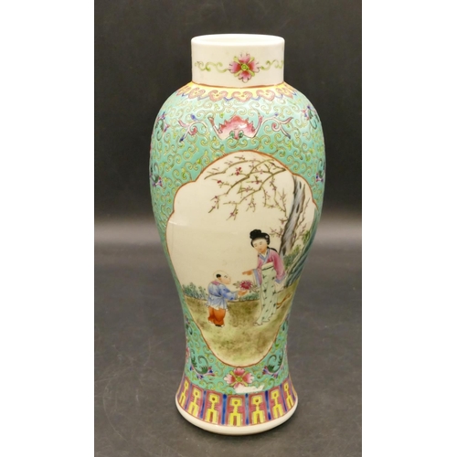 96 - An Oriental round bulbous thin necked vase on pale green and white ground with multicoloured figure,... 