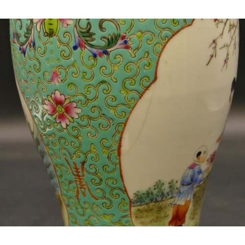 96 - An Oriental round bulbous thin necked vase on pale green and white ground with multicoloured figure,... 