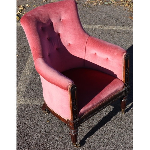 975 - A 19th Century mahogany tub chair with pink velvet overstuffed seat, button back and arms, raised ca... 