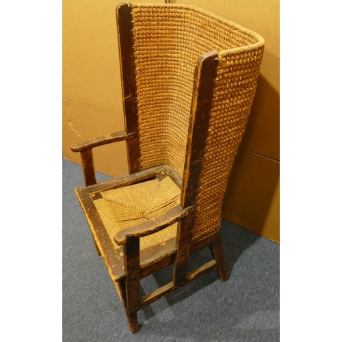 980 - An Orkney woven canopy back chair with detachable woven seat (drop-in seat in need of restoration) o... 