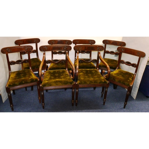 983 - A set of 8 19th century mahogany dining chairs having green drop in seats on turned melon shaped leg... 