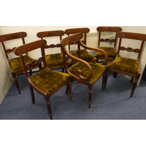 983 - A set of 8 19th century mahogany dining chairs having green drop in seats on turned melon shaped leg... 