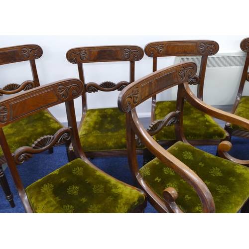 983 - A set of 8 19th century mahogany dining chairs having green drop in seats on turned melon shaped leg... 