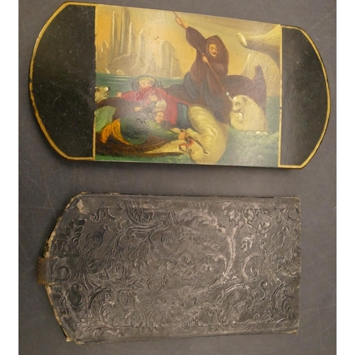 791 - A 19th Century Papier Mache oblong cigar case with inner case, hand painted hunting scene decoration... 