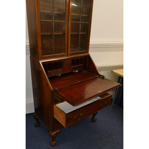 947 - An Edwardian mahogany bureau bookcase with 2 astragal glazed doors above fall front with fitted inte... 