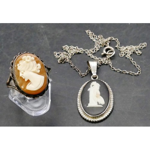 770 - A cameo ring and a small cameo pendant with chain.