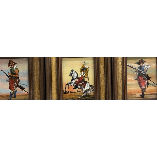 8057 - 6 coloured Austrian glass pictures of soldiers and cavaliers in wood frames, 10cm x 14cm. (6)