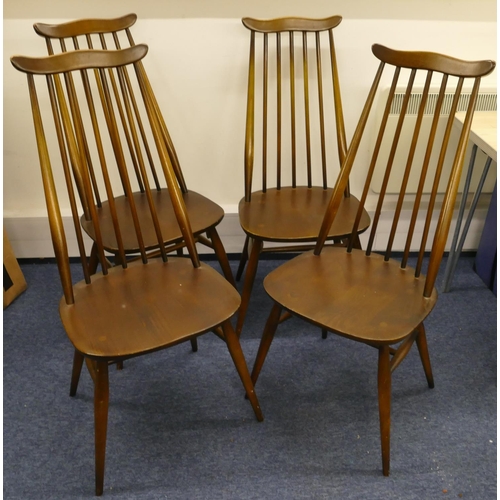 8072 - A set of 4 Ercol stick back single chairs with solid seats, all stamped and labelled