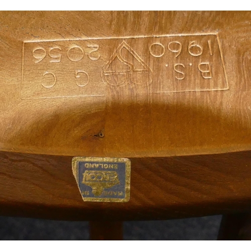 8072 - A set of 4 Ercol stick back single chairs with solid seats, all stamped and labelled