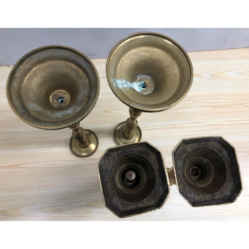 8074 - 2 pairs of brass candlesticks, 40.5cm high and 30cm high