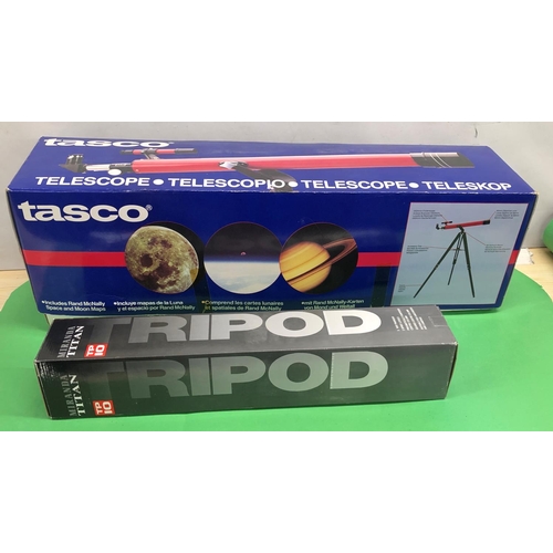 8079 - A Tasco telescope, boxed and a Miranda Titan TP10 tripod, boxed. (2)