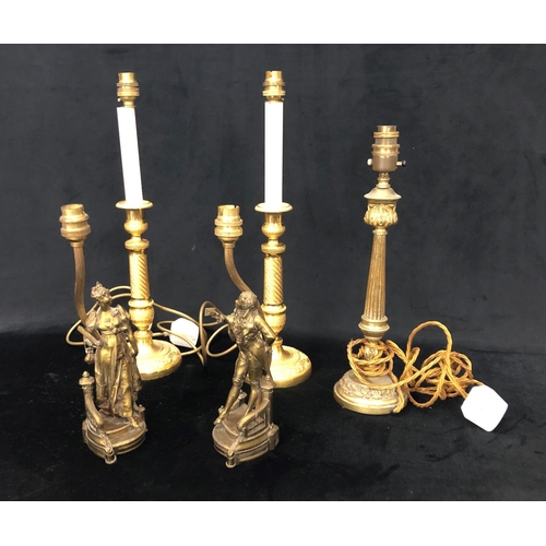 8093 - 5 brass lamps (2 pairs and 1 single), tallest 46.5cm overall, no shades. (5)