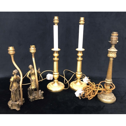 8093 - 5 brass lamps (2 pairs and 1 single), tallest 46.5cm overall, no shades. (5)