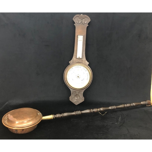 8099 - A banjo barometer (glass cracked), overall height 80cm and a copper bed pan, overall length 124cm. (... 