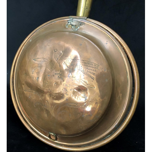 8099 - A banjo barometer (glass cracked), overall height 80cm and a copper bed pan, overall length 124cm. (... 