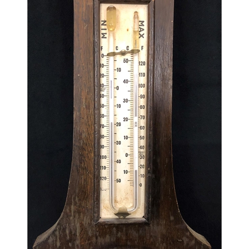 8099 - A banjo barometer (glass cracked), overall height 80cm and a copper bed pan, overall length 124cm. (... 