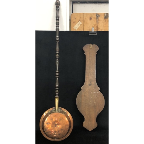 8099 - A banjo barometer (glass cracked), overall height 80cm and a copper bed pan, overall length 124cm. (... 