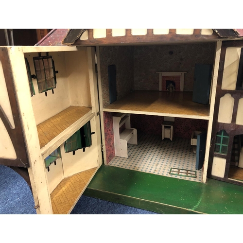 8105 - Vintage Triang Brothers  c1930's dolls house with metal framed windows, twin gabled roof and red til... 