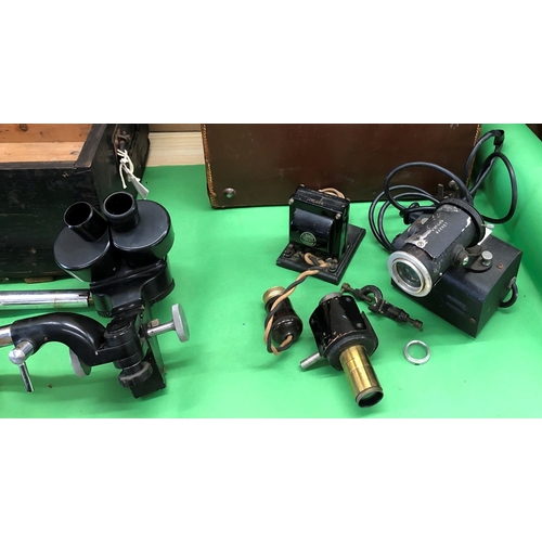 8124 - 2 Watson microscope lamps in hard leather case and a Watson dissection microscope 116667, with lense... 