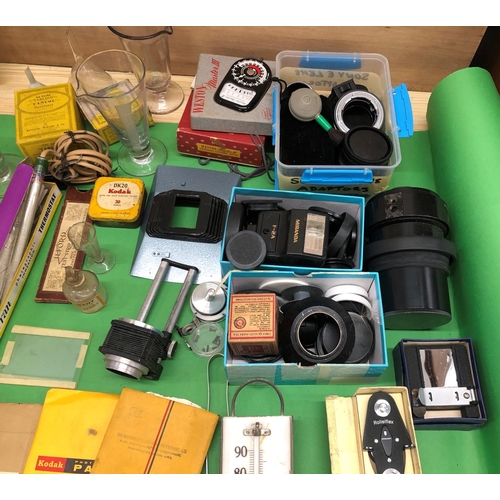 8131 - A mixed quantity of camera developing equipment, liquid measures, lens caps, lenses including USSR 8... 