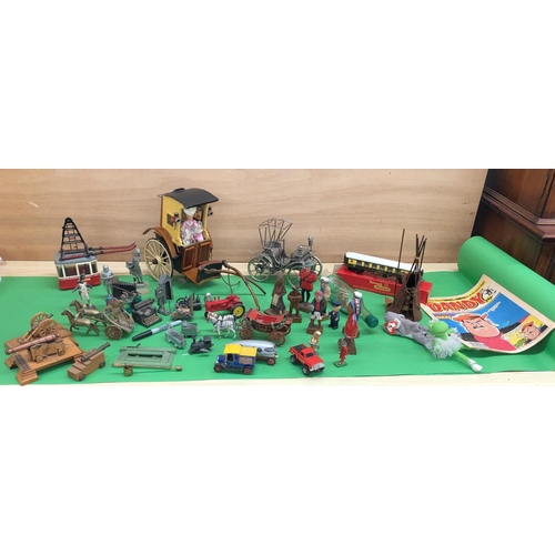 8136 - A mixed quantity of model carriages, ski lift, model soldiers, novelty pencil sharpeners etc.