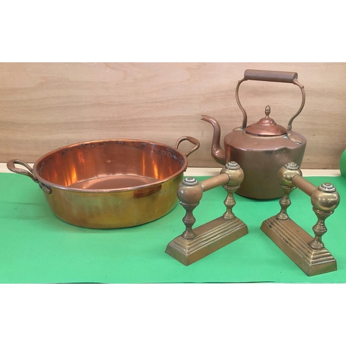 8139 - A brass pan 37.5cm diameter, brass kettle and a pair of fire dogs.