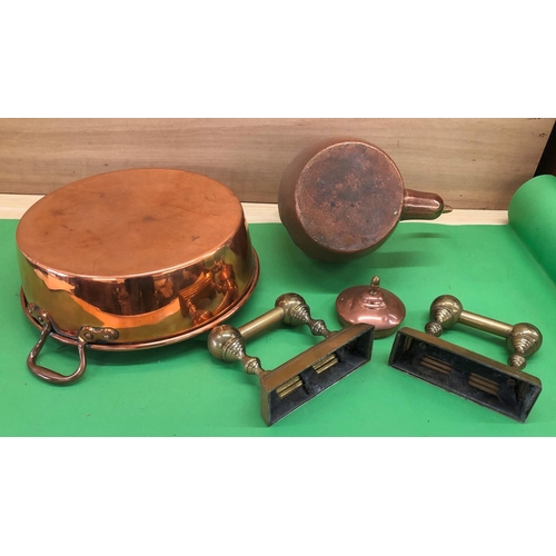 8139 - A brass pan 37.5cm diameter, brass kettle and a pair of fire dogs.